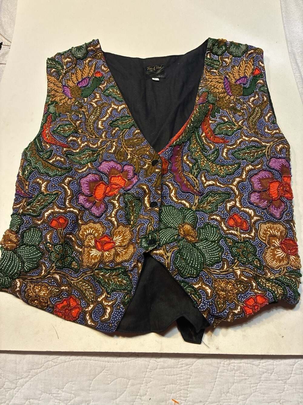 Vintage Tan-Chho Floral Beaded Cotton Vest